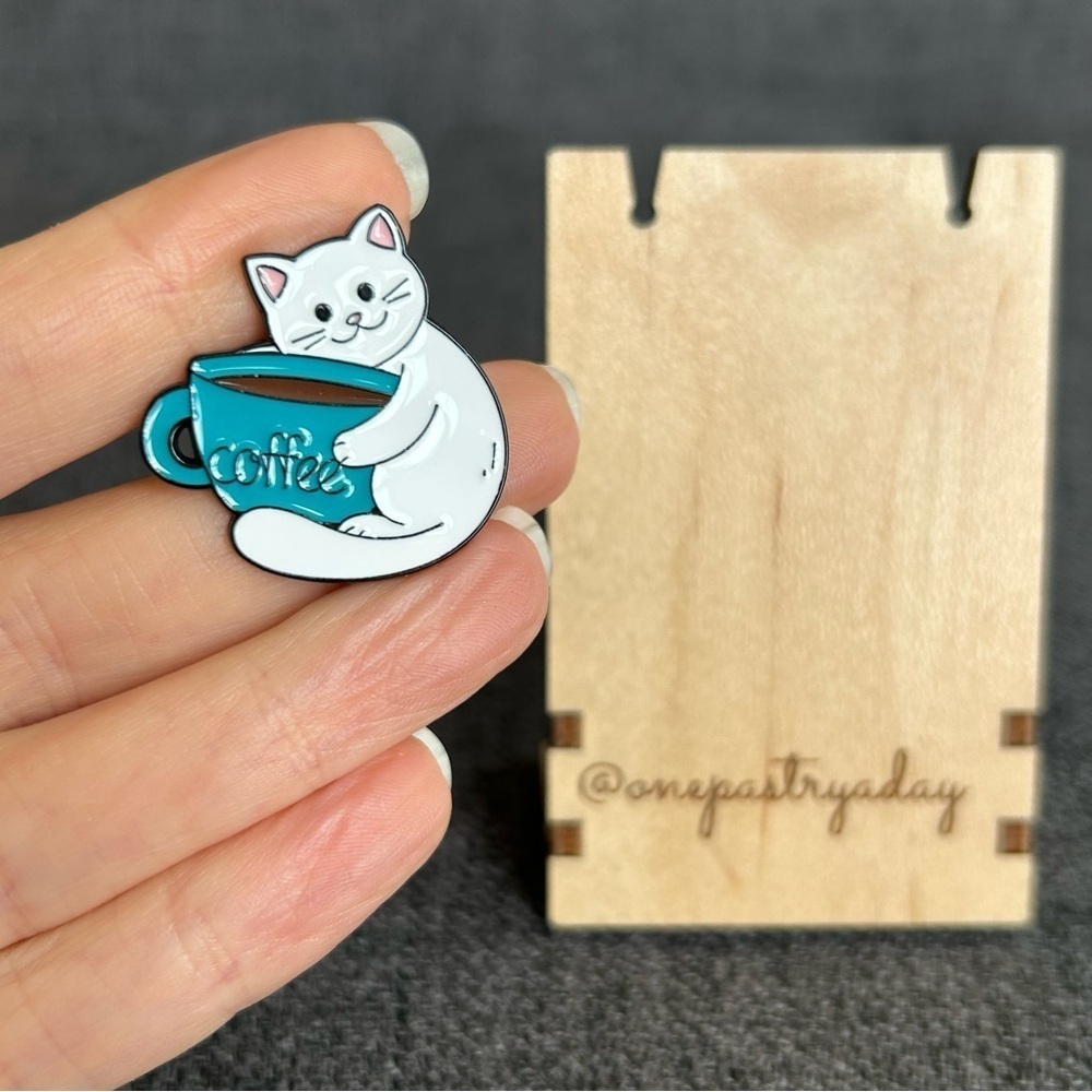 Fun, Kawaii Style CAT HUGGING A MUG OF COFFEE Brooch Pin, White, Blue